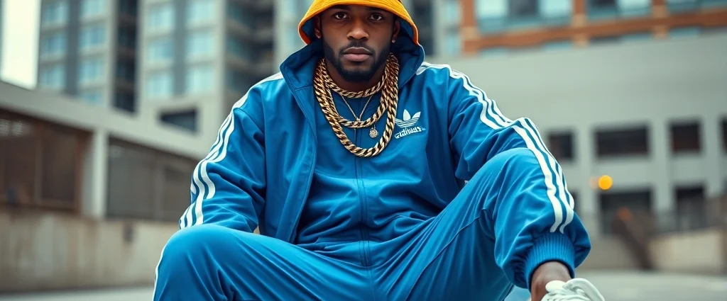 Professional photograph of authentic 1980s hip-hop style outfit: oversized neon blue Adidas tracksuit, white Superstar sneakers with visible tongue, thick gold chains layered across chest, Kangol bucket hat in contrasting color, confident pose against urban backdrop, dramatic lighting emphasizing colors and textures