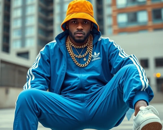 Professional photograph of authentic 1980s hip-hop style outfit: oversized neon blue Adidas tracksuit, white Superstar sneakers with visible tongue, thick gold chains layered across chest, Kangol bucket hat in contrasting color, confident pose against urban backdrop, dramatic lighting emphasizing colors and textures