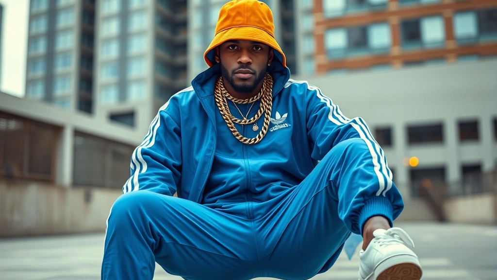 Professional photograph of authentic 1980s hip-hop style outfit: oversized neon blue Adidas tracksuit, white Superstar sneakers with visible tongue, thick gold chains layered across chest, Kangol bucket hat in contrasting color, confident pose against urban backdrop, dramatic lighting emphasizing colors and textures