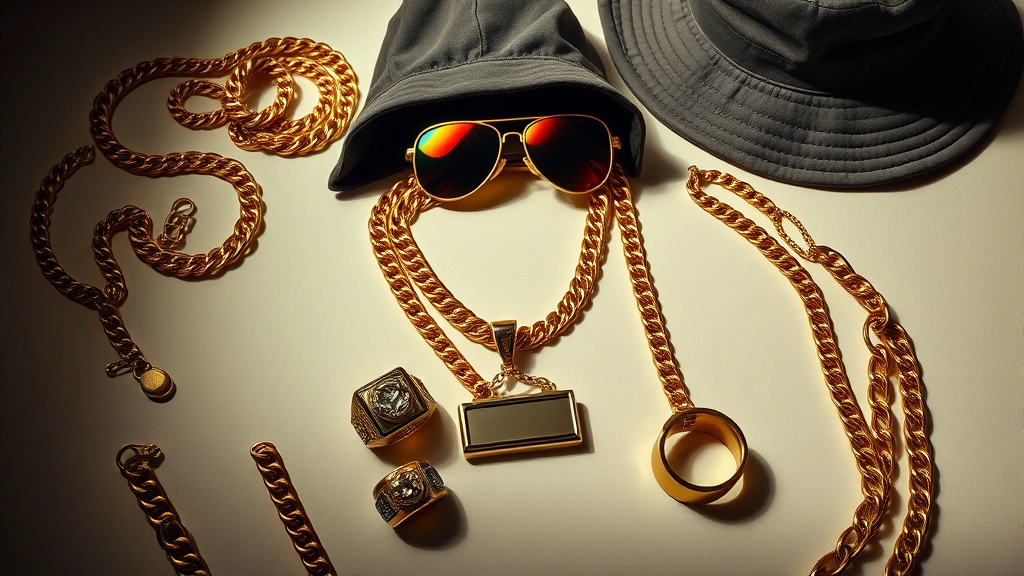 Detailed fashion photography of 80s rap accessories: multiple gold chain necklaces and bracelets arranged artistically, oversized rings with stones, nameplate necklace, Kangol hat, sunglasses with colored tint, bucket hat, arranged on neutral surface with dramatic side lighting