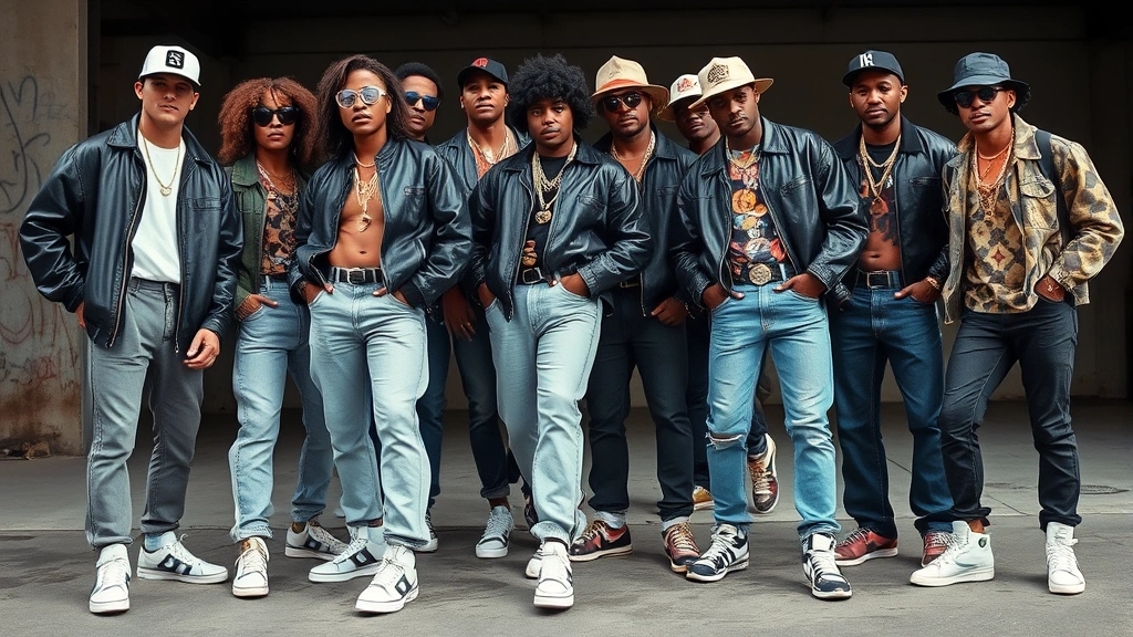 Stylized photograph of diverse group wearing coordinated 80s hip-hop fashion: oversized leather jackets, stone-washed jeans, pristine white and colored sneakers, bold patterned shirts, gold jewelry, various hats and accessories, dynamic poses suggesting confidence and attitude, urban setting with graffiti or architectural elements