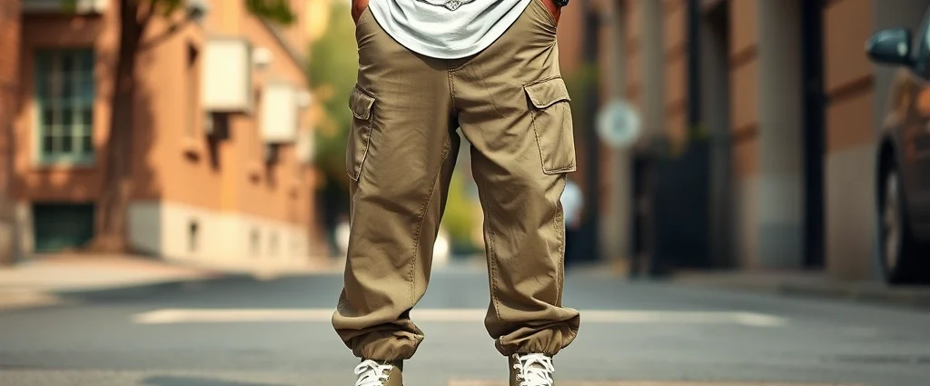Oversized baggy jeans in khaki with high-top sneakers and vintage graphic t-shirt, street style photography, natural outdoor lighting, photorealistic