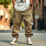 Oversized baggy jeans in khaki with high-top sneakers and vintage graphic t-shirt, street style photography, natural outdoor lighting, photorealistic