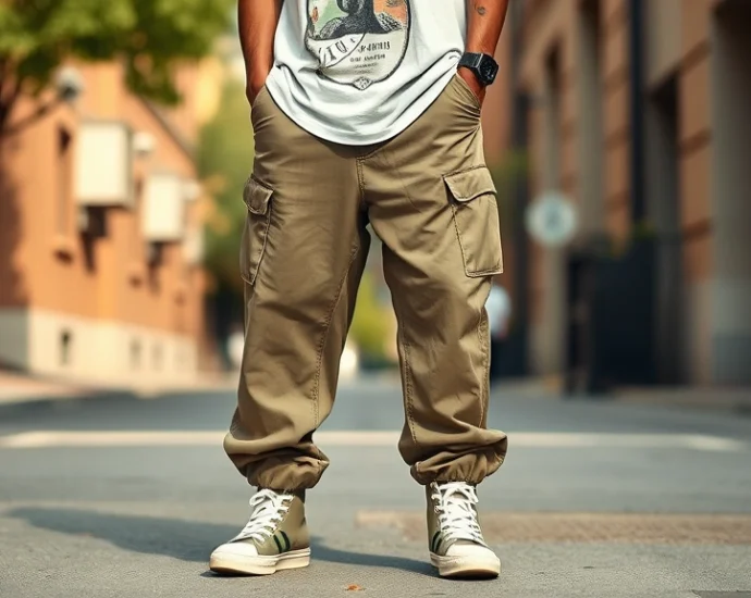 Oversized baggy jeans in khaki with high-top sneakers and vintage graphic t-shirt, street style photography, natural outdoor lighting, photorealistic