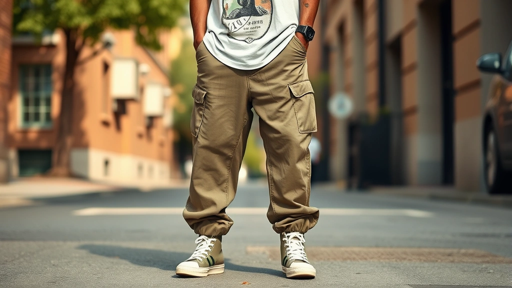 Oversized baggy jeans in khaki with high-top sneakers and vintage graphic t-shirt, street style photography, natural outdoor lighting, photorealistic