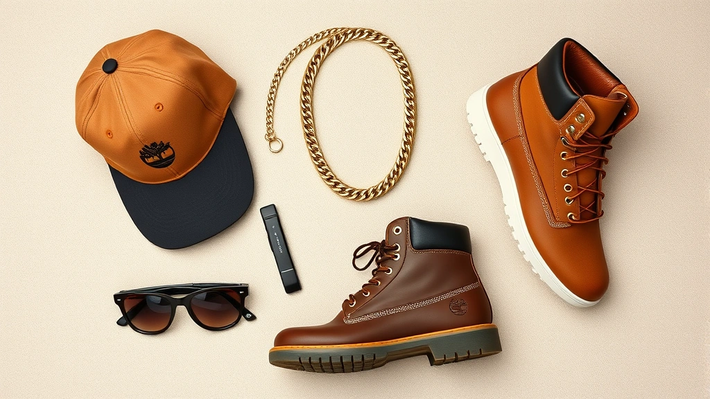 Flat lay of 90s hip-hop fashion essentials: fitted baseball cap, gold chain necklace, Timberland boot, high-top sneaker, designer sunglasses on neutral background