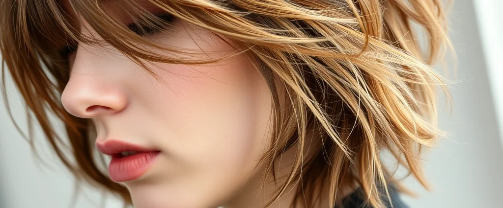 Close-up of textured, layered 90s haircut with choppy layers and face-framing pieces, shot from side angle showing dimension and movement, natural lighting highlighting hair texture