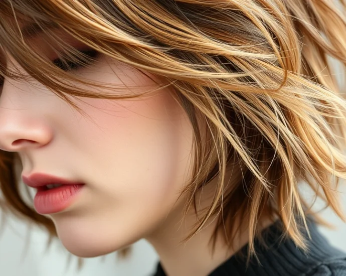 Close-up of textured, layered 90s haircut with choppy layers and face-framing pieces, shot from side angle showing dimension and movement, natural lighting highlighting hair texture