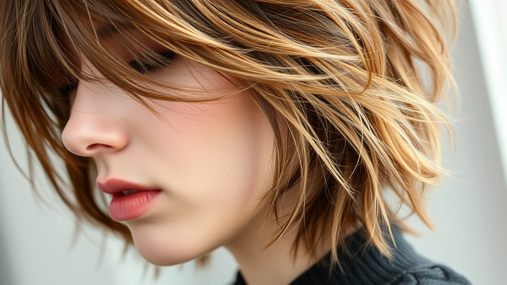 Close-up of textured, layered 90s haircut with choppy layers and face-framing pieces, shot from side angle showing dimension and movement, natural lighting highlighting hair texture