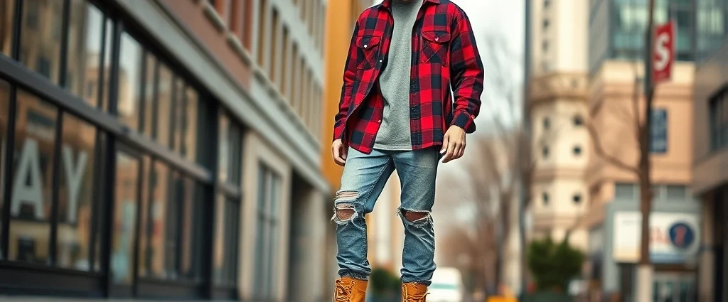 Young man wearing oversized flannel shirt, ripped jeans, and chunky Timberland boots, standing in urban environment, natural lighting, authentic 90s grunge aesthetic, photorealistic