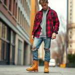 Young man wearing oversized flannel shirt, ripped jeans, and chunky Timberland boots, standing in urban environment, natural lighting, authentic 90s grunge aesthetic, photorealistic