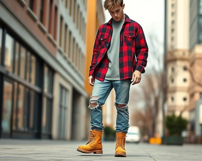 Young man wearing oversized flannel shirt, ripped jeans, and chunky Timberland boots, standing in urban environment, natural lighting, authentic 90s grunge aesthetic, photorealistic