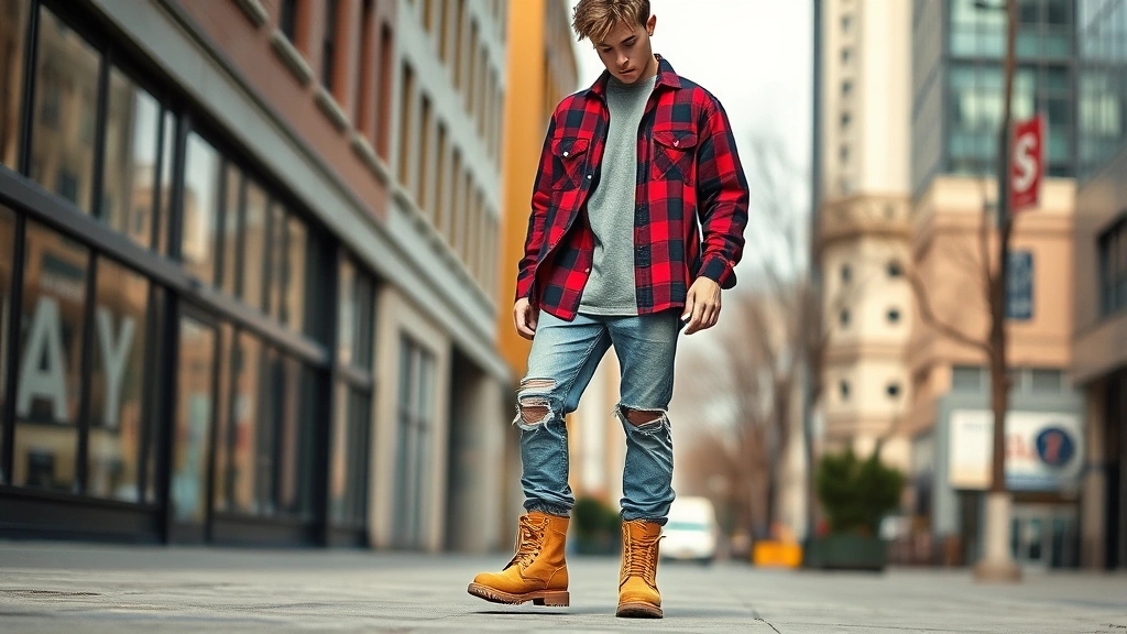 Young man wearing oversized flannel shirt, ripped jeans, and chunky Timberland boots, standing in urban environment, natural lighting, authentic 90s grunge aesthetic, photorealistic