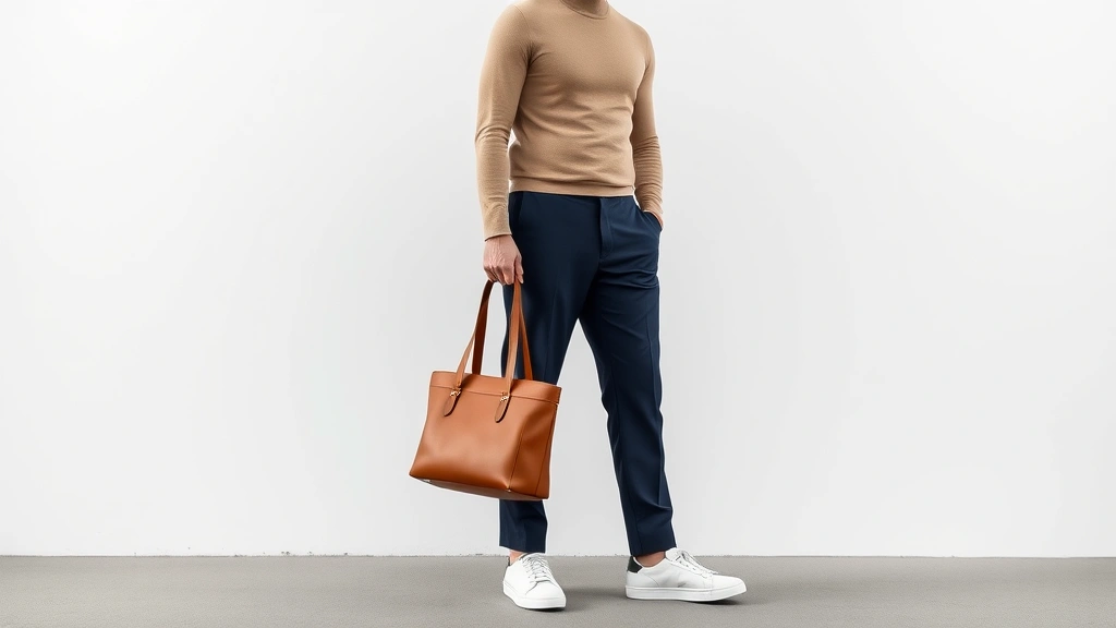 Man wearing minimalist outfit: fitted neutral turtleneck, tailored navy trousers, pristine white sneakers, holding simple leather shoulder bag, clean aesthetic, modern minimalist 90s fashion