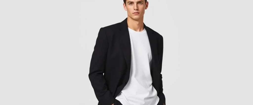 Model wearing oversized black blazer with white t-shirt and straight-leg black trousers, standing against neutral background, confident minimalist aesthetic, professional fashion photography