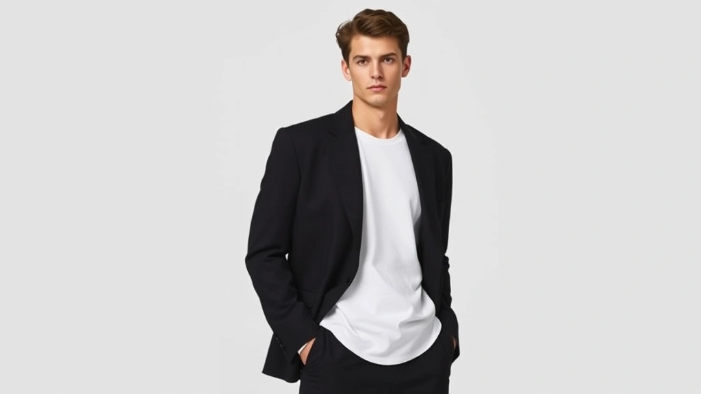 Model wearing oversized black blazer with white t-shirt and straight-leg black trousers, standing against neutral background, confident minimalist aesthetic, professional fashion photography