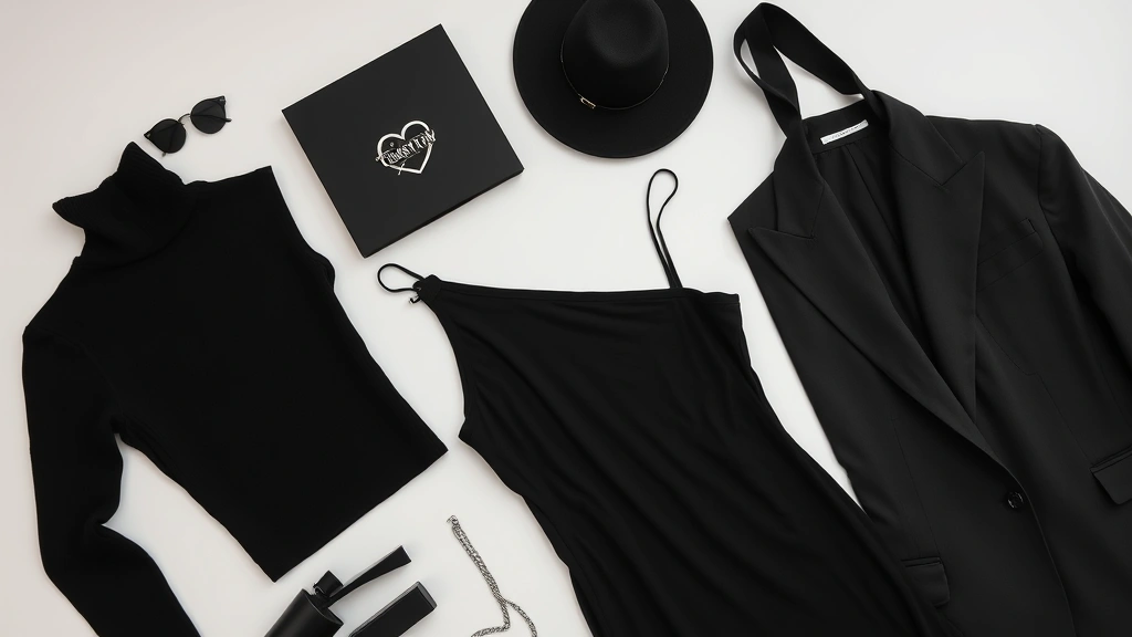 Flat lay of 90s inspired black wardrobe essentials including black turtleneck, slip dress, tailored blazer, simple accessories on white surface, editorial style fashion photography