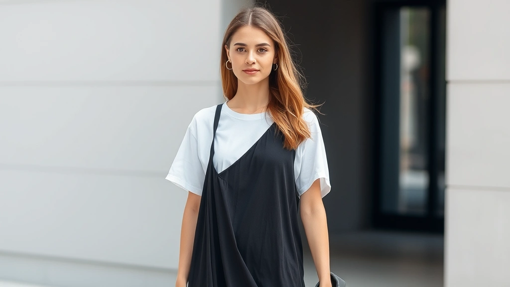 Woman in black slip dress layered over white t-shirt with black loafers, natural lighting, modern minimalist fashion styling, contemporary urban setting