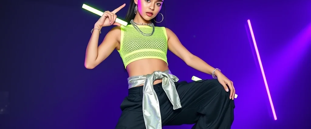Model wearing neon lime green mesh crop top with black oversized cargo pants, chunky silver platform sneakers, holographic windbreaker tied at waist, multiple silver chain necklaces, glow sticks accessory, confident dancing pose, dark club lighting background with purple neon glow