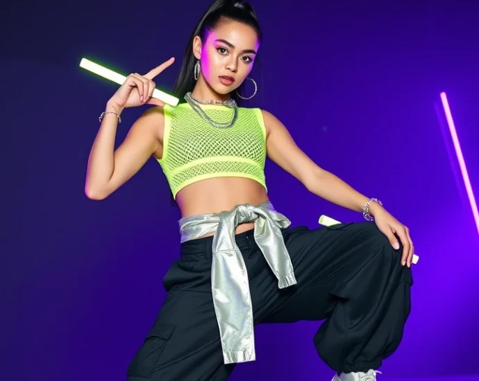 Model wearing neon lime green mesh crop top with black oversized cargo pants, chunky silver platform sneakers, holographic windbreaker tied at waist, multiple silver chain necklaces, glow sticks accessory, confident dancing pose, dark club lighting background with purple neon glow