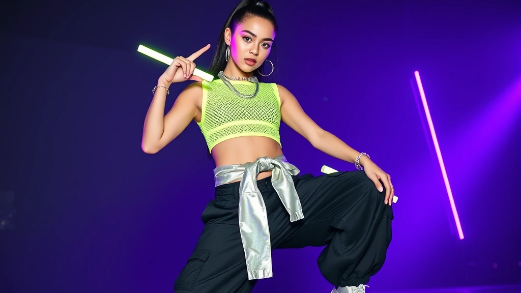 Model wearing neon lime green mesh crop top with black oversized cargo pants, chunky silver platform sneakers, holographic windbreaker tied at waist, multiple silver chain necklaces, glow sticks accessory, confident dancing pose, dark club lighting background with purple neon glow