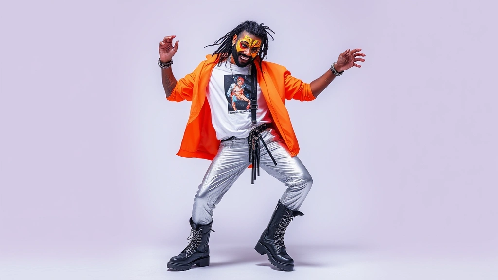 Full-body shot of alternative rave outfit: oversized graphic band t-shirt in white, holographic silver pants, neon orange shell jacket, combat boots with metallic laces, body harness, multiple bracelets and chains, geometric face paint in fluorescent colors, dynamic dancing movement captured