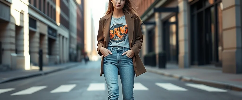 Young woman wearing oversized blazer with vintage band tee, high-waisted jeans, and minimalist white sneakers, standing on urban street with natural sunlight, confident expression, contemporary American street style aesthetic
