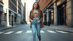 Young woman wearing oversized blazer with vintage band tee, high-waisted jeans, and minimalist white sneakers, standing on urban street with natural sunlight, confident expression, contemporary American street style aesthetic