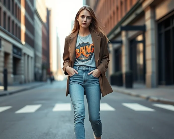 Young woman wearing oversized blazer with vintage band tee, high-waisted jeans, and minimalist white sneakers, standing on urban street with natural sunlight, confident expression, contemporary American street style aesthetic