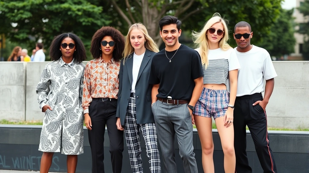 Diverse group of people showcasing different personal styles—maximalist patterns, minimalist monochrome, vintage pieces, athletic wear—in casual outdoor setting, representing American fashion individualism and self-expression