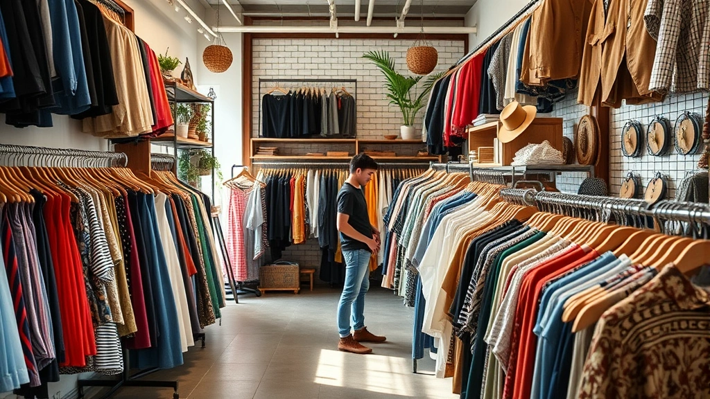 Sustainable fashion thrift store interior with curated vintage clothing displays, natural lighting, young customer browsing rack of unique pieces, embodying circular fashion and conscious consumption trends in American culture