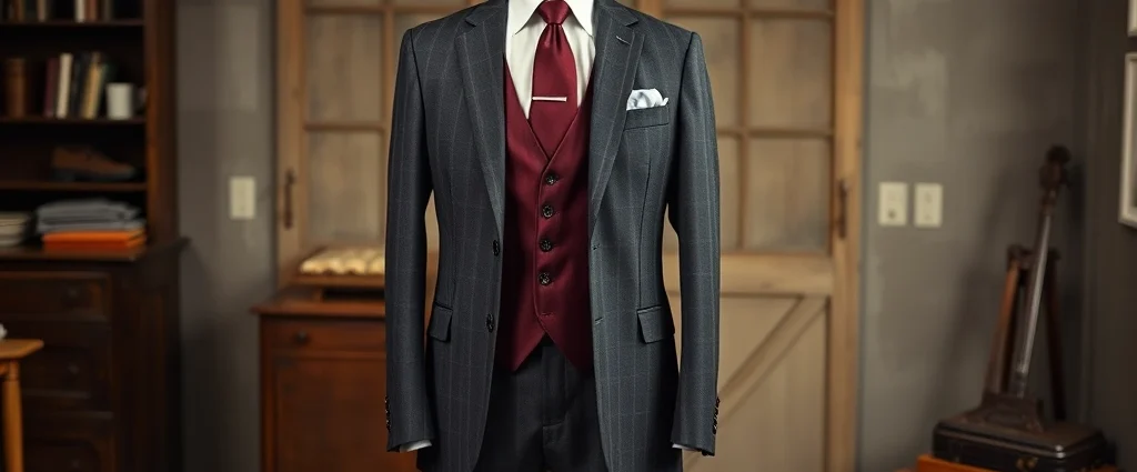 Tailored charcoal gray three-piece suit with white dress shirt, burgundy silk tie, and polished oxford shoes displayed on a dress form in a vintage studio setting