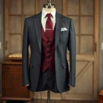 Tailored charcoal gray three-piece suit with white dress shirt, burgundy silk tie, and polished oxford shoes displayed on a dress form in a vintage studio setting