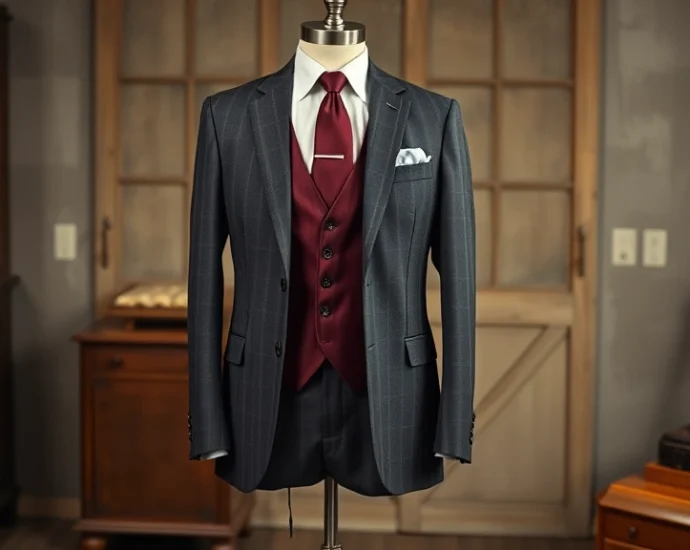Tailored charcoal gray three-piece suit with white dress shirt, burgundy silk tie, and polished oxford shoes displayed on a dress form in a vintage studio setting
