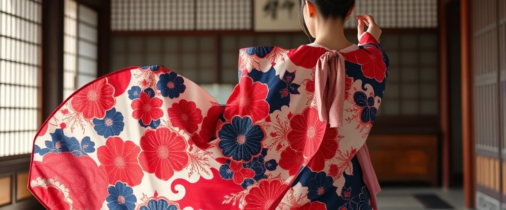 Flowing silk kimono with intricate hand-dyed indigo and crimson patterns, elegant draped sleeves, worn by a woman in traditional Heian court setting with natural lighting, photorealistic, no text