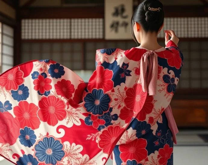 Flowing silk kimono with intricate hand-dyed indigo and crimson patterns, elegant draped sleeves, worn by a woman in traditional Heian court setting with natural lighting, photorealistic, no text