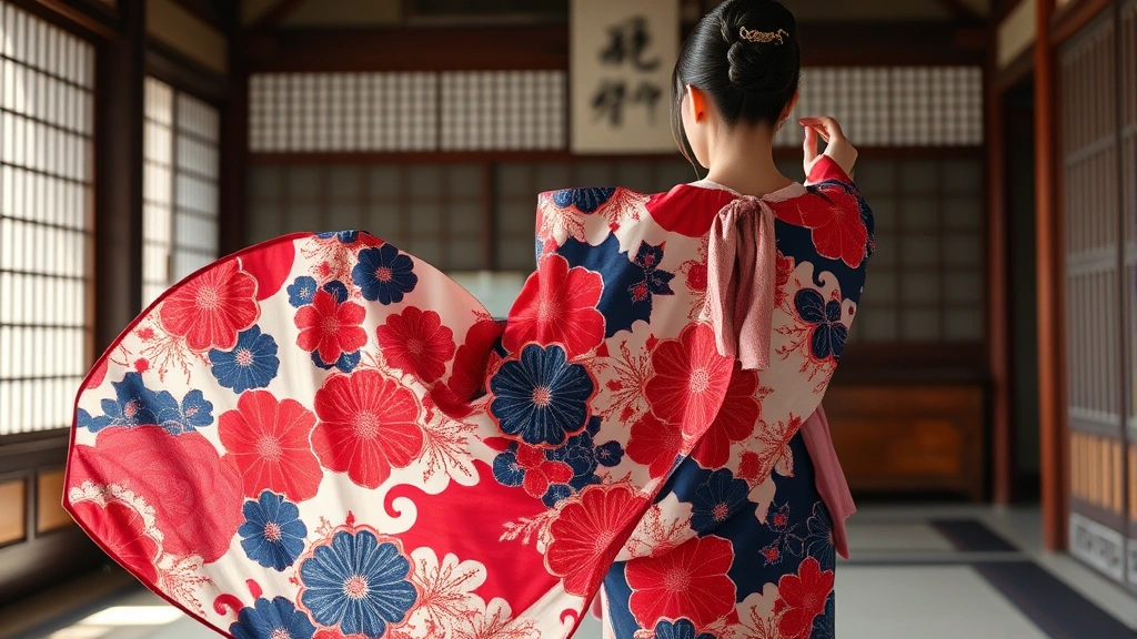 Flowing silk kimono with intricate hand-dyed indigo and crimson patterns, elegant draped sleeves, worn by a woman in traditional Heian court setting with natural lighting, photorealistic, no text