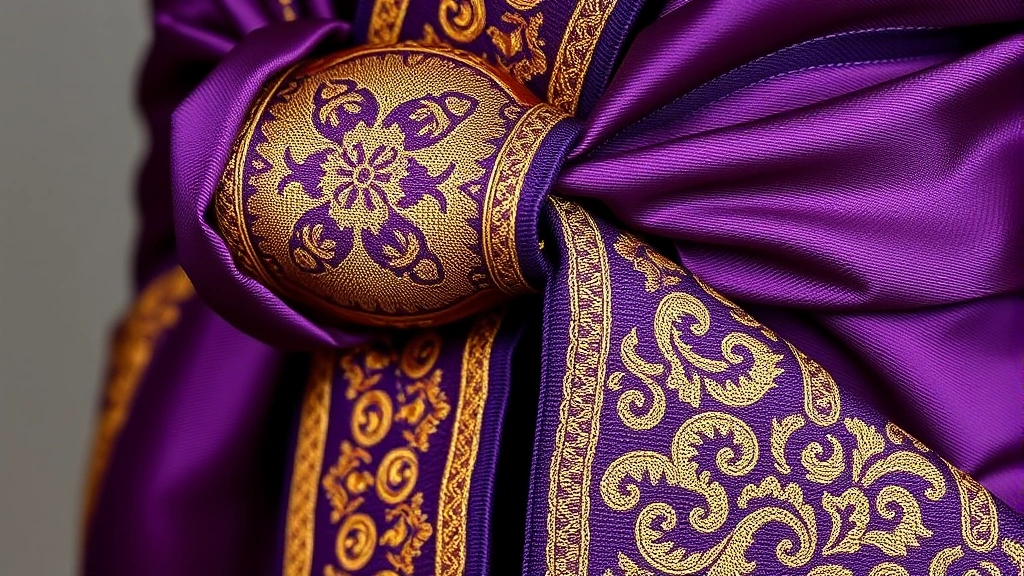 Detailed close-up of luxurious obi sash with woven gold thread patterns and rich purple silk fabric, showing craftsmanship and texture, photorealistic, no visible text or logos