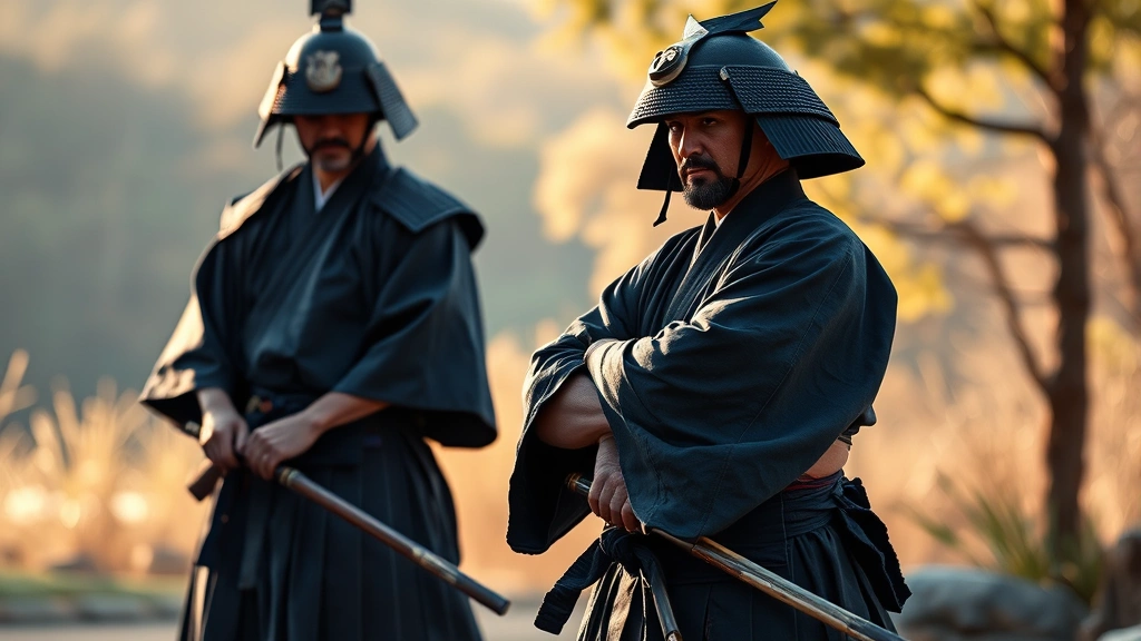 Samurai in traditional hakama and short-sleeved kimono in deep indigo and charcoal tones, poised stance demonstrating warrior elegance, natural outdoor setting with soft golden light, photorealistic, no text