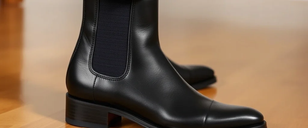 Close-up of black leather Chelsea boot showing elastic side panel and sleek silhouette, worn on polished hardwood floor, professional studio lighting highlighting leather texture and craftsmanship