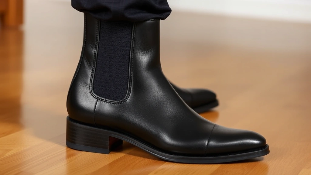 Close-up of black leather Chelsea boot showing elastic side panel and sleek silhouette, worn on polished hardwood floor, professional studio lighting highlighting leather texture and craftsmanship