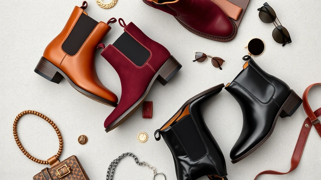 Flat lay styling scene with multiple Chelsea boots in different colors and materials including cognac leather, burgundy suede, and black patent, arranged artistically on neutral background with complementary fashion accessories