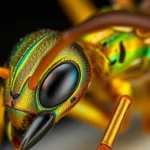 Close-up macro photography of a metallic iridescent ant species with shimmering gold and green exoskeleton, detailed segmentation visible, professional entomological photography style