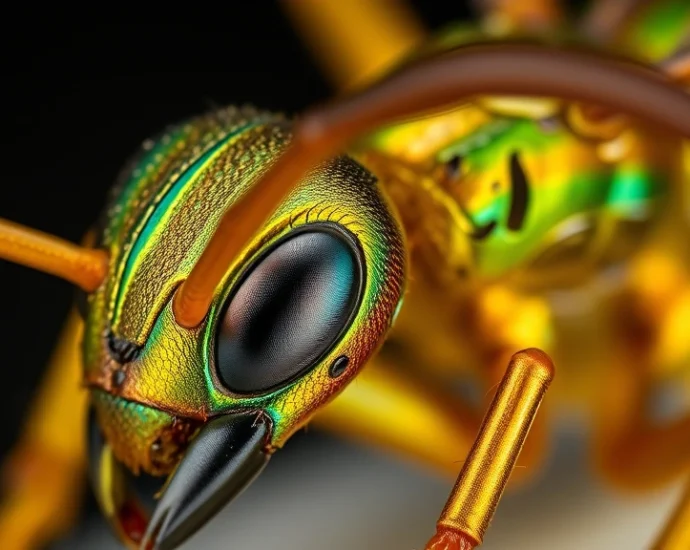 Close-up macro photography of a metallic iridescent ant species with shimmering gold and green exoskeleton, detailed segmentation visible, professional entomological photography style