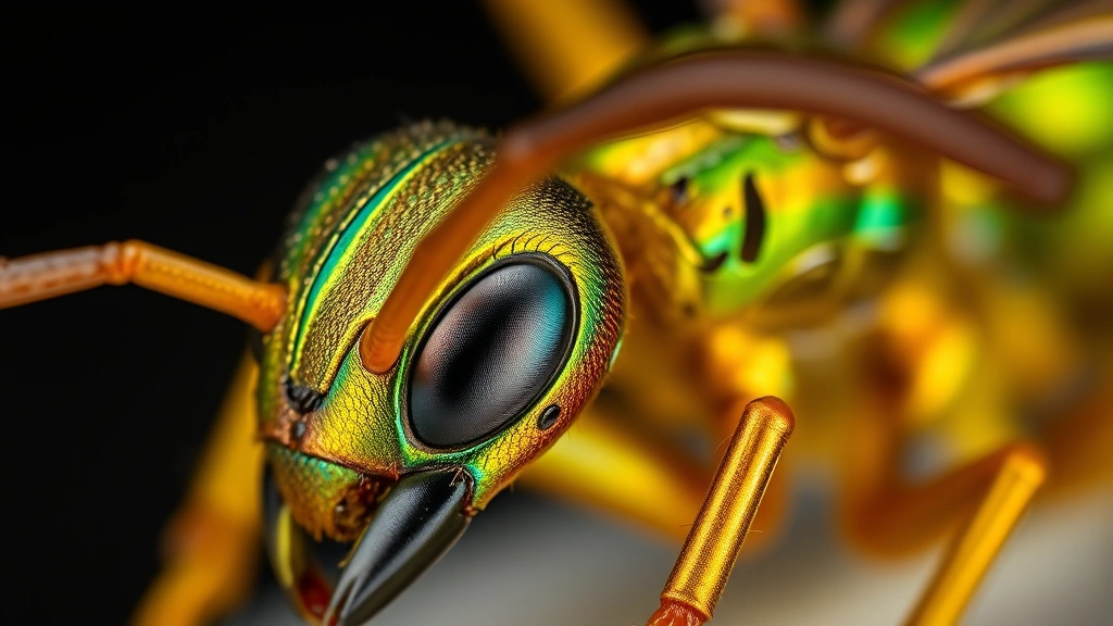 Close-up macro photography of a metallic iridescent ant species with shimmering gold and green exoskeleton, detailed segmentation visible, professional entomological photography style
