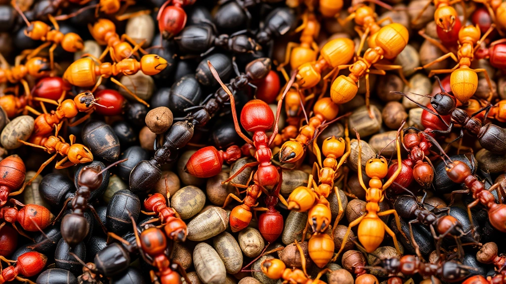 Diverse ant species arranged in artistic composition showing color variation from deep black carpenter ants to red wood ants to golden weaver ants, natural lighting highlighting texture