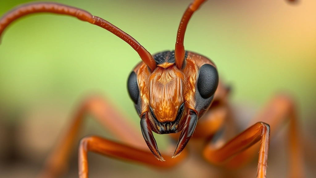 Detailed macro view of ant antennae and head structure showing intricate sensory organs, compound eyes, and facial proportions against blurred natural background, scientific yet aesthetic presentation