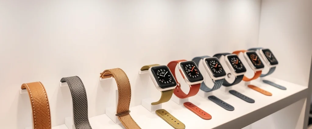 Sleek Apple Watch display with premium band materials in metallic, leather, and fabric textures arranged on minimalist white shelving with soft directional lighting, luxury retail environment
