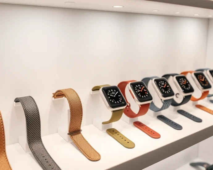 Sleek Apple Watch display with premium band materials in metallic, leather, and fabric textures arranged on minimalist white shelving with soft directional lighting, luxury retail environment