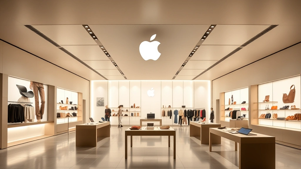 Fashion-forward Apple Store interior with clean lines, premium materials, elegant lighting design, and curated product displays resembling high-end fashion boutique aesthetic